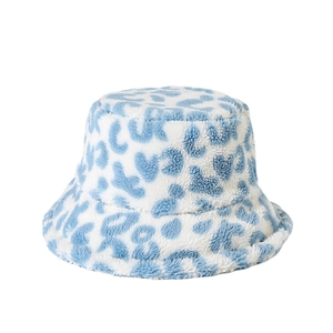 Lamb wool leopard bucket hat with blue pattern, warm winter plush cap for women and men