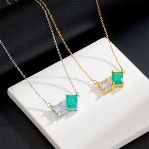 Double Rectangular Zircon Pendant Necklace Titanium Steel Chain Copper Geometric Jewelry For Women Light Luxury Style
