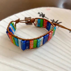 Bracelet En Cuir Tressé Bohème Avec Perles En Pierre Naturelle Carrées Colorées Et Bouton En Alliage Vintage Pour Femmes