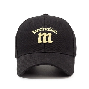 Classic black cotton baseball cap with yellow Fascination embroidery and curved brim