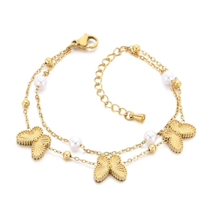 Double-layer stainless steel gold butterfly bracelet with white pearls and adjustable chain