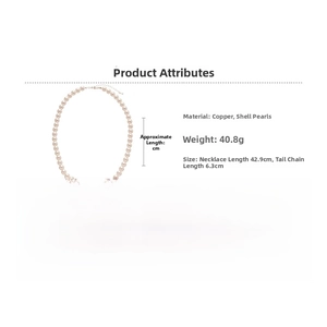 Detail view of pearl necklace with copper curved bar and exact length specifications