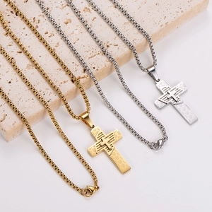 Vintage stainless steel cross necklaces in gold and silver finish with box chains