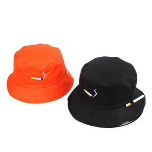 Streetwear cotton bucket hat with cigarette embroidery in black and orange colors
