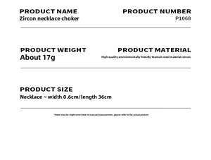 Detailed size specifications for zircon titanium steel necklace with weight 17g and length 36cm