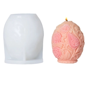 3D rose embossed candle silicone mold with a finished pink floral candle sample