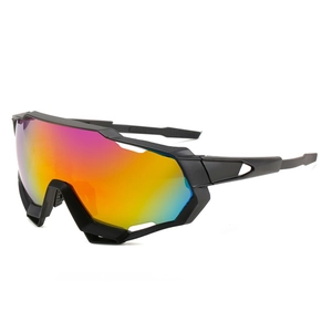 Outdoor cycling sunglasses with black frame and colorful gradient lenses at 45 degree angle