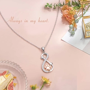 Elegante collana infinito in argento S925 con pendente zampa in oro rosa e diamanti