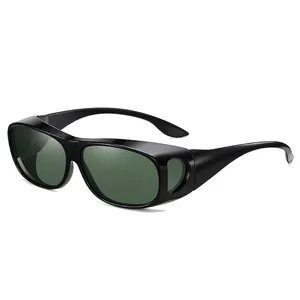 Black wrap-around sunglasses with side windows worn over prescription glasses