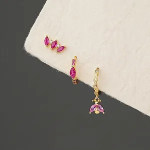 S925 sterling silver insect earrings set with pink marquise gemstones and gold plating
