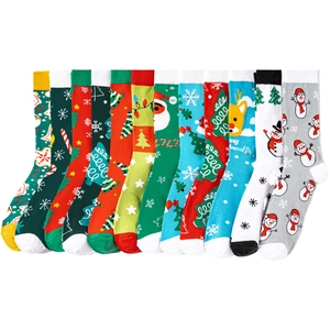 Assorted Christmas crew socks with Santa, reindeer and snowflake patterns in various colors