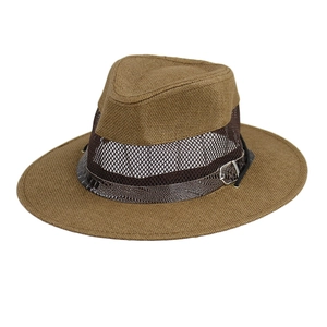 Brown wide brim straw sun hat with mesh ventilation and crocodile leather band
