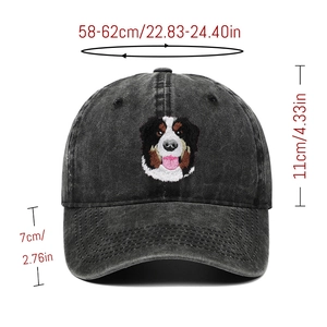 Detailed size specifications for washed denim baseball cap with dog embroidery