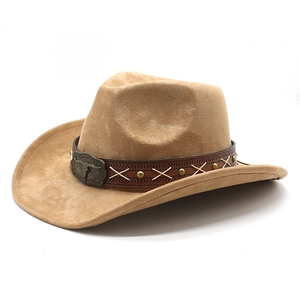 Classic khaki suede cowboy hat with ox head metal buckle and vintage leather band