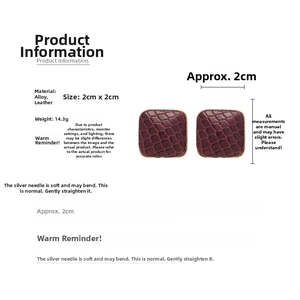 Detail of square burgundy faux leather earrings with S925 silver pins and 2cm size specs
