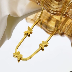 Elegant 18k gold plated stainless steel flat snake chain necklace with three butterfly charms