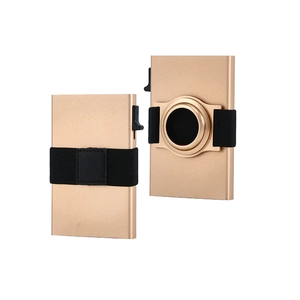 Front and back view of gold aluminum RFID wallet with integrated AirTag holder and elastic band