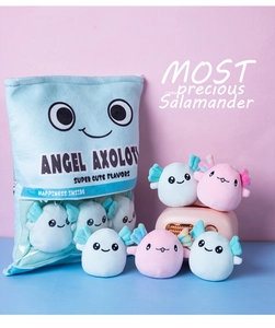 Detail of Angel Axolotl snack bag plush with colorful mini plushies and soft fabric texture
