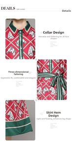 Détails macro de la robe à imprimé équestre rouge avec boucles dorées et lien de taille
