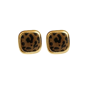 Vintage leopard print square earrings with gold frame and silver needles for women