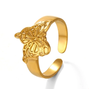 Adjustable golden stainless steel butterfly ring with delicate hollow carved wings