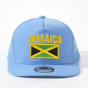 Close-up of JAMAICA embroidery and flag detail on light blue mesh snapback cap