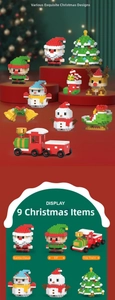 Detailed collection of 9 Christmas mini building blocks with Santa, elf and reindeer designs