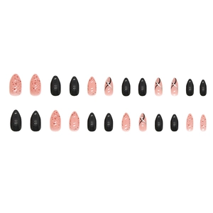 Almond press-on nails with minimalist pink and black spotted glossy finish designs