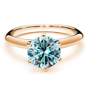 Elegant six-prong S925 sterling silver ring with brilliant round cut blue moissanite stone