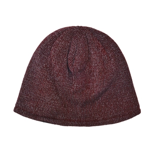 Close-up of reflective knit beanie with warm fleece lining in deep red marl knit