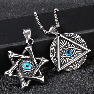 Stainless Steel Gothic Punk Pendant Vintage Hexagram Triangle Eye Of Providence Blue Inlay Accessory For Men