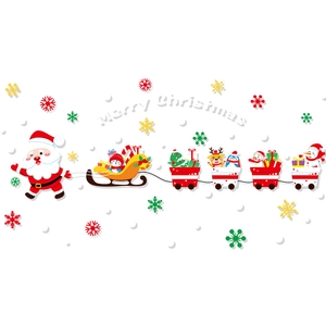 Christmas window decals with Santa Claus reindeer and gift train for holiday shop decor