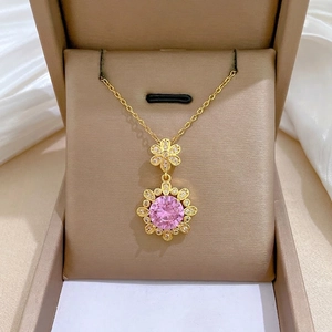 Elegant Flower Pendant Necklace With Pink Zircon And White Rhinestone In Stainless Steel And Copper Jewelry For Women