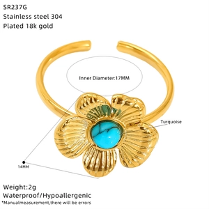 Detail of 14mm turquoise flower ring in 18K gold plated stainless steel with dimensions