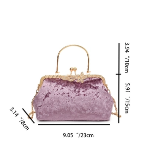 Detailed size chart of purple velvet clutch bag with rhinestone flower and metal handle