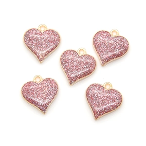 Pink pearlescent heart charms with gold trim and loop for DIY jewelry making