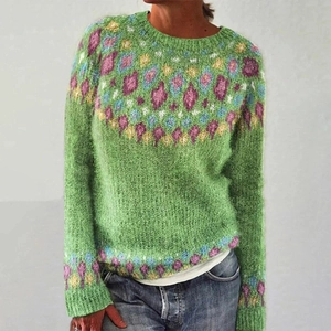Women's crew neck oversized grass green knit sweater with colorful geometric floral patterns