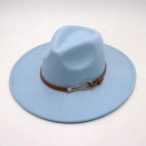 Close-up of light blue wide brim felt fedora hat featuring a brown leather belt with gold buckle