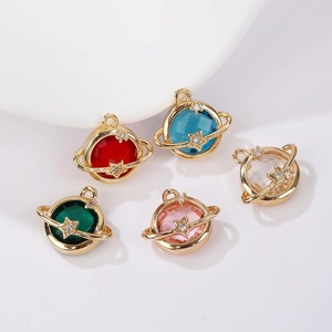 Colorful planet pendants with gold-plated mesh edges and faceted crystal stones