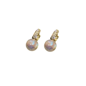 French luxury gold pearl hoop earrings with shimmering crystals and holographic finish