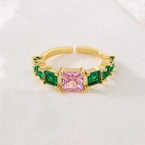 18K gold plated adjustable ring with pink square zircon and green gems on stone