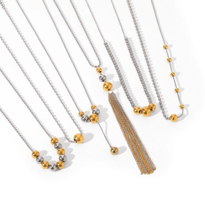 Elegant gold and silver stainless steel bead chain necklaces with sphere tassels set