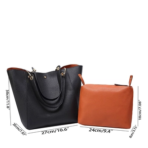 Detailed size specifications for the black tote and orange pouch set with lychee texture