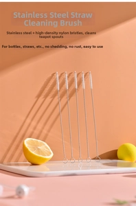 Detailed set of five stainless steel straw brushes with durable white nylon bristles