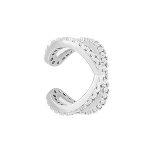 Silver criss-cross ear cuff featuring clear pavé-set cubic zirconia in a modern minimalist style