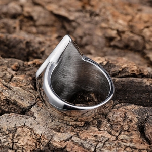 Macro shot of silver stainless steel ring with sharp triangular peak and brushed inner texture