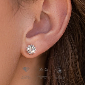 Macro shot of D-color moissanite sunflower earring in 925 sterling silver on model ear