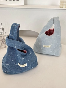 Japanese style denim tote bags in dark and light blue with red plaid lining and bow embroidery