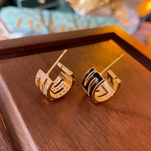 Asymmetric C Shaped Hoop Earrings With 925 Sterling Silver Earring Post Alloy Zircon Black Enamel Greek Meander Pattern