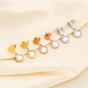 Stainless Steel Heart Stud Dangle Earrings With Round Faceted Glass For Women Simple Elegant Fashion Jewelry